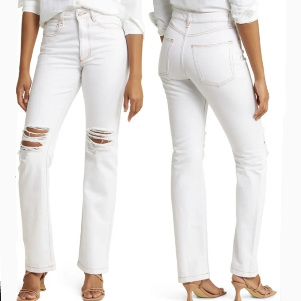 WeWoreWhat Icon Jeans High Rise 100% Cotton Non Stretch Distressed White 28 NWT